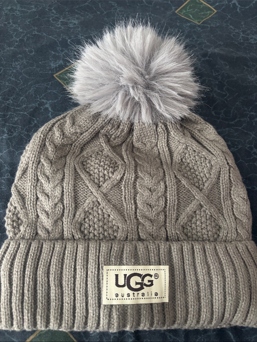 UGG Taupe Cable-Knit Pom Beanie with Faux Fur Pom